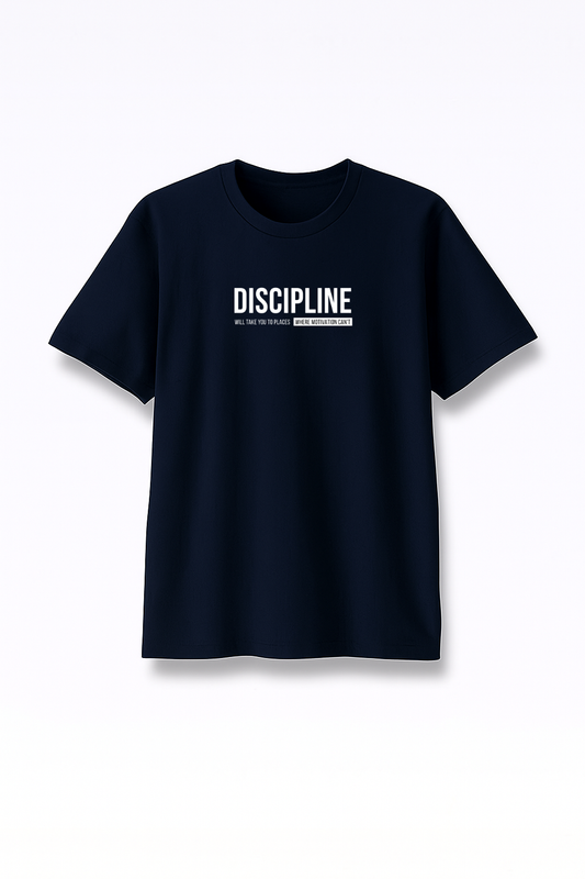Discipline Over Motivation - Premium Navy Blue Round Neck Tee